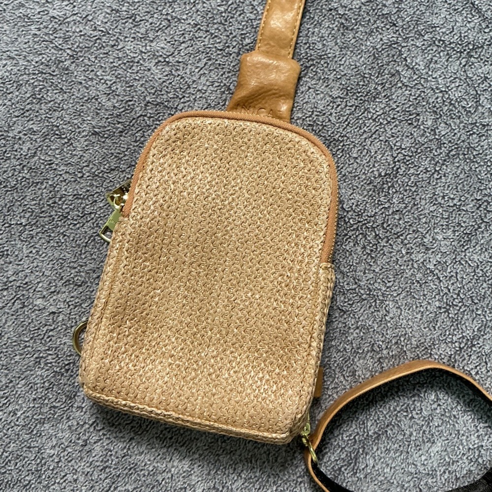 Inicat Tan Straw Woven Crossbody Sling Bag Women Small Travel Chest Pack Gold HW